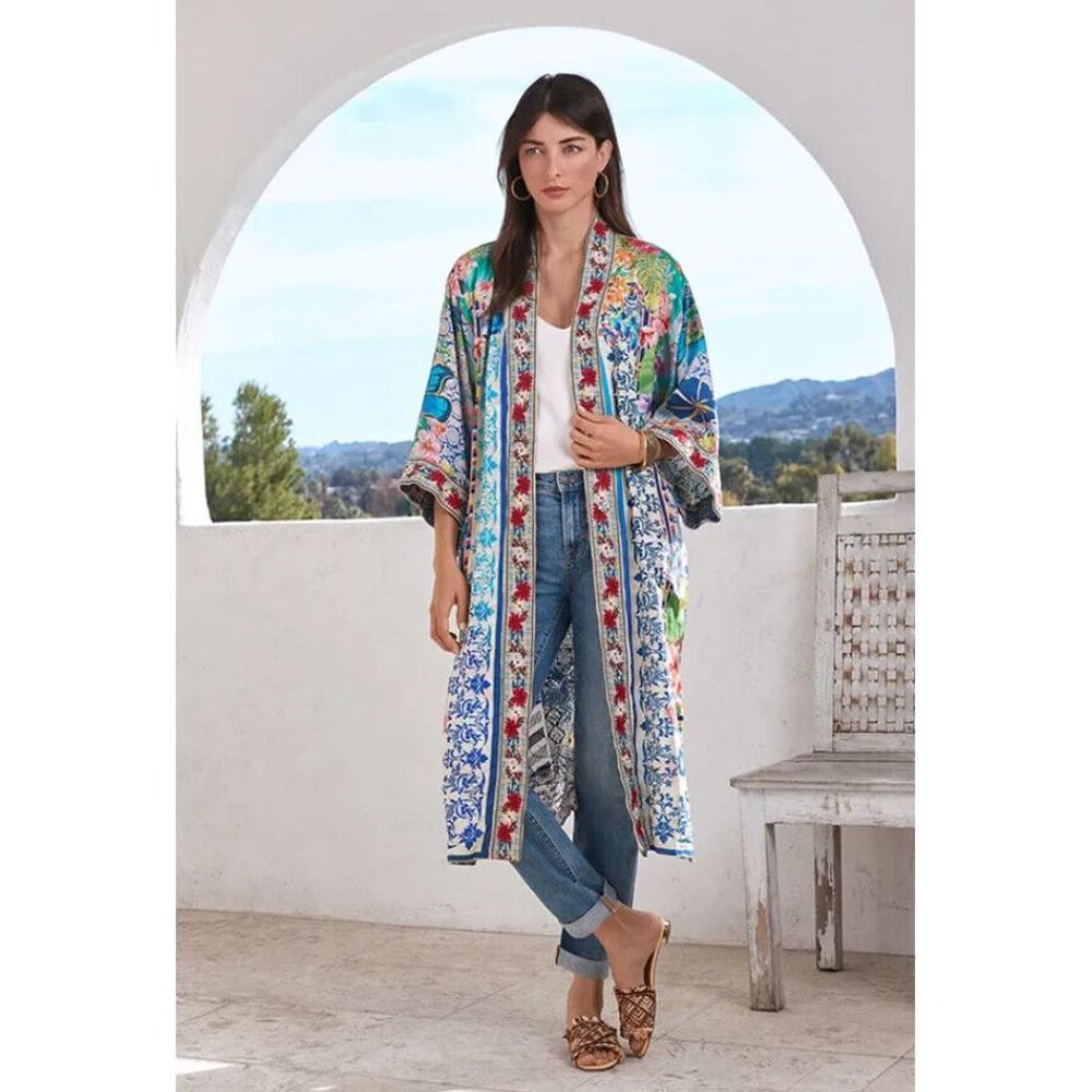 Johnny Was Cozumel Eliza Kimono Reversible Red Flowers Silk Blue Floral Coat NEW